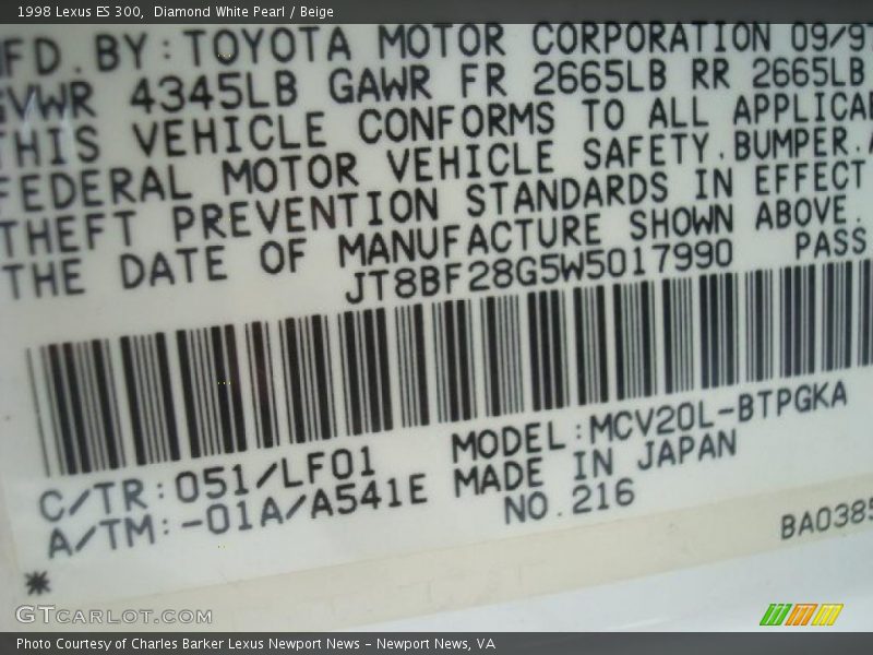 Diamond White Pearl / Beige 1998 Lexus ES 300