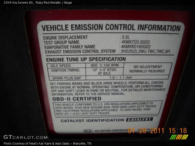 Info Tag of 2004 Sorento EX