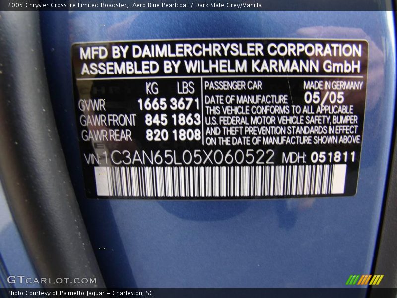 Aero Blue Pearlcoat / Dark Slate Grey/Vanilla 2005 Chrysler Crossfire Limited Roadster