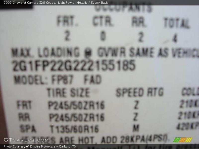 Light Pewter Metallic / Ebony Black 2002 Chevrolet Camaro Z28 Coupe