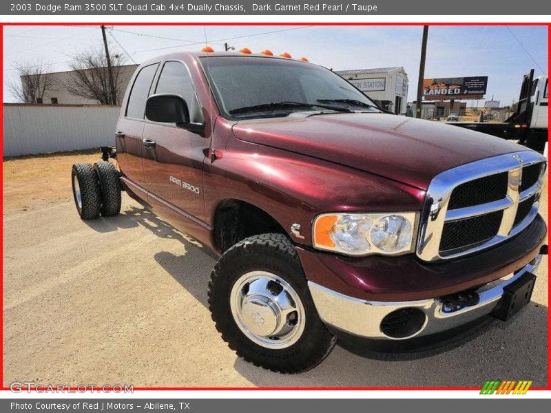 Dark Garnet Red Pearl / Taupe 2003 Dodge Ram 3500 SLT Quad Cab 4x4 Dually Chassis
