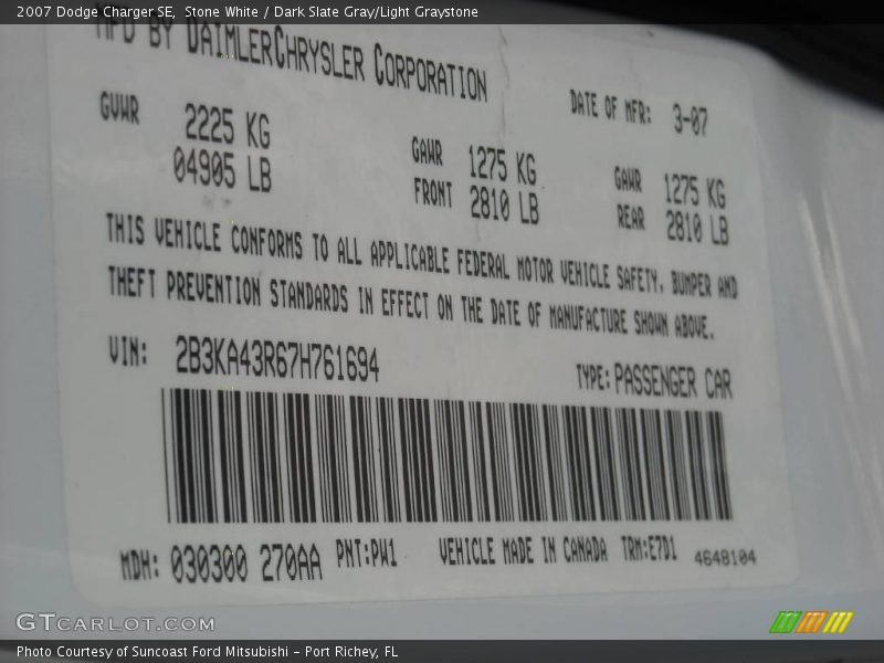 Stone White / Dark Slate Gray/Light Graystone 2007 Dodge Charger SE