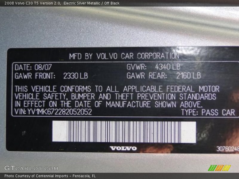 Info Tag of 2008 C30 T5 Version 2.0