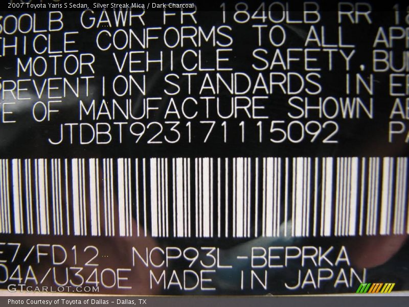 Silver Streak Mica / Dark Charcoal 2007 Toyota Yaris S Sedan