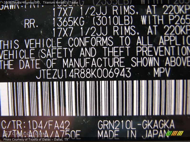 Titanium Metallic / Taupe 2008 Toyota 4Runner SR5