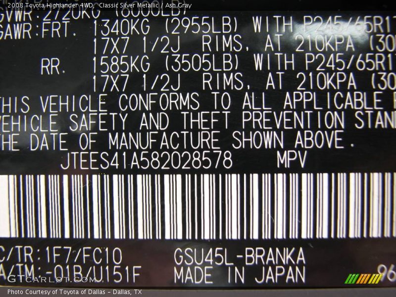 Classic Silver Metallic / Ash Gray 2008 Toyota Highlander 4WD