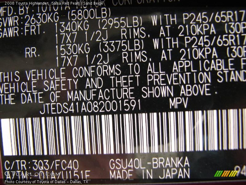 Salsa Red Pearl / Sand Beige 2008 Toyota Highlander