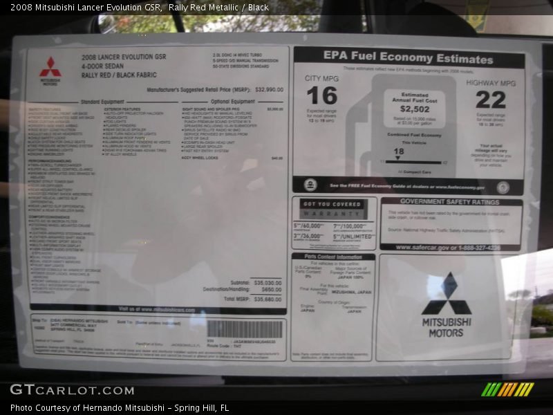 Rally Red Metallic / Black 2008 Mitsubishi Lancer Evolution GSR