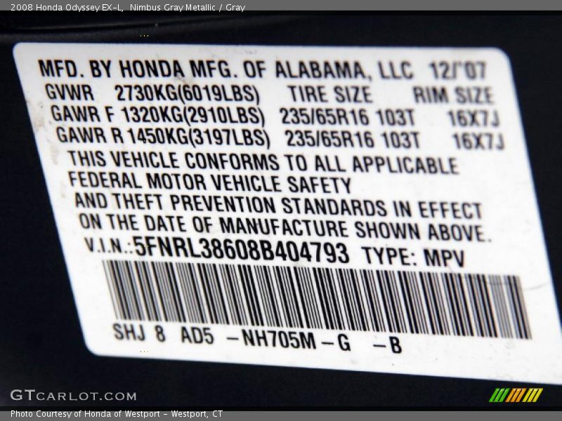 Nimbus Gray Metallic / Gray 2008 Honda Odyssey EX-L
