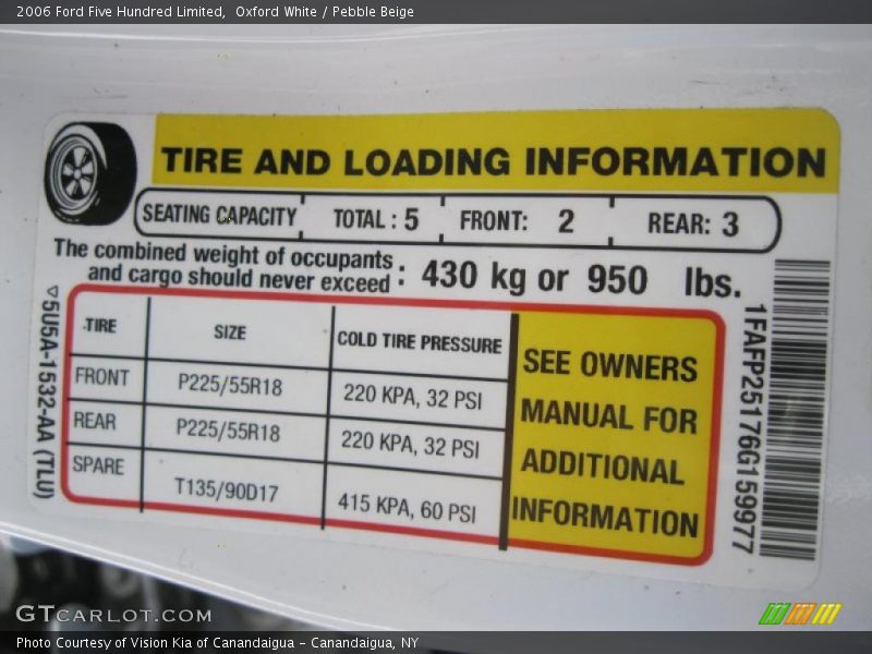Info Tag of 2006 Five Hundred Limited