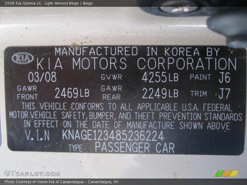 Light Almond Beige / Beige 2008 Kia Optima LX