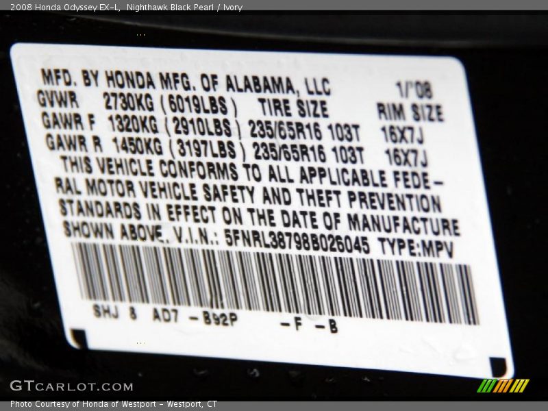 Nighthawk Black Pearl / Ivory 2008 Honda Odyssey EX-L