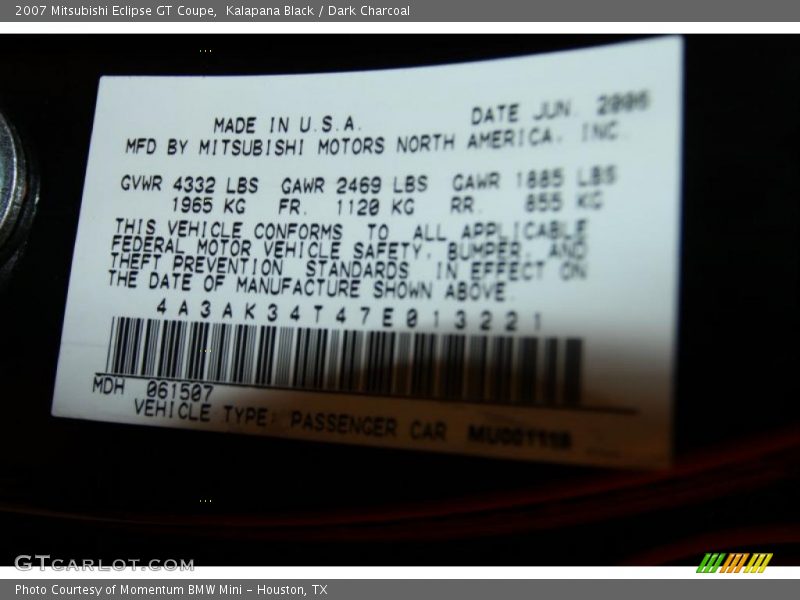 Kalapana Black / Dark Charcoal 2007 Mitsubishi Eclipse GT Coupe