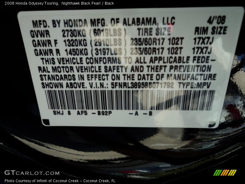 Nighthawk Black Pearl / Black 2008 Honda Odyssey Touring