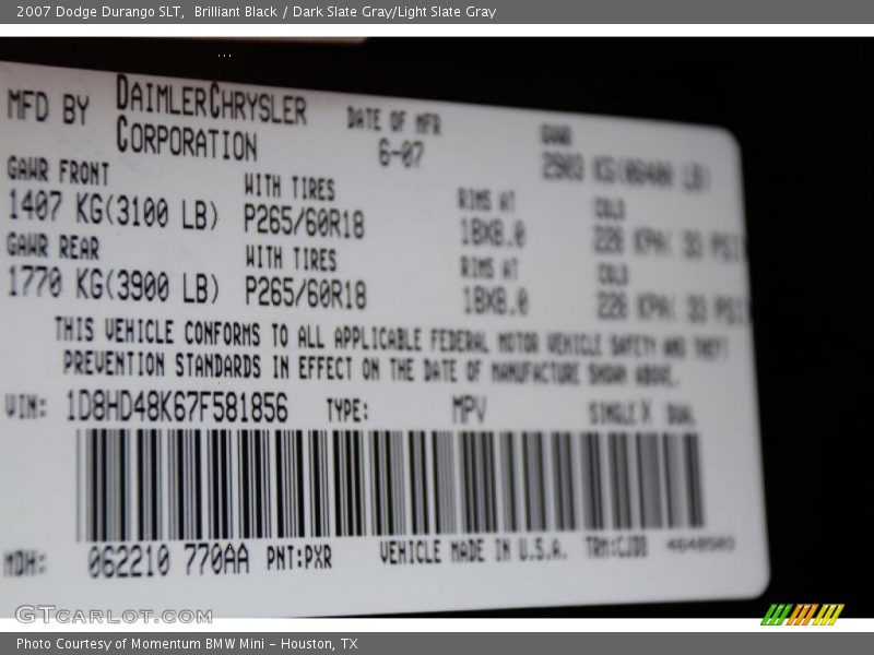 Brilliant Black / Dark Slate Gray/Light Slate Gray 2007 Dodge Durango SLT