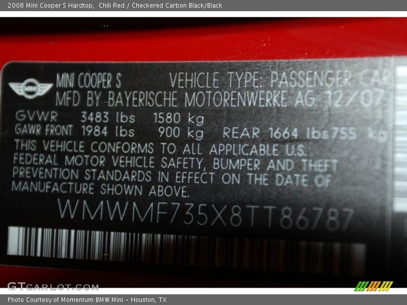 Chili Red / Checkered Carbon Black/Black 2008 Mini Cooper S Hardtop