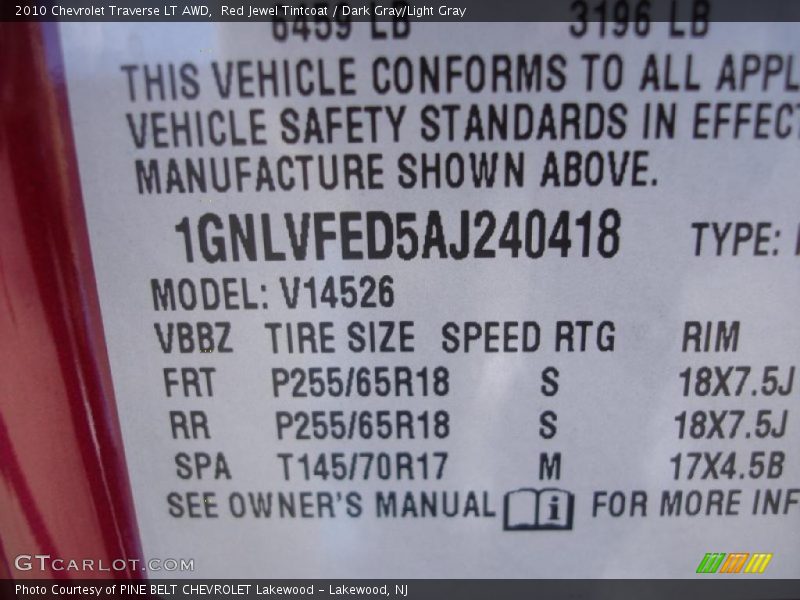 Red Jewel Tintcoat / Dark Gray/Light Gray 2010 Chevrolet Traverse LT AWD