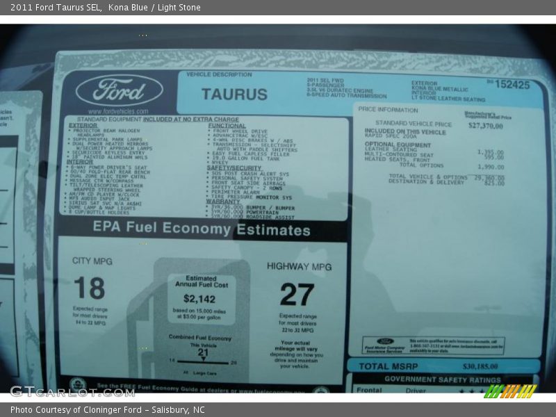 Kona Blue / Light Stone 2011 Ford Taurus SEL