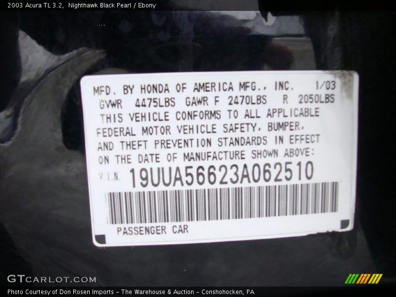 Nighthawk Black Pearl / Ebony 2003 Acura TL 3.2