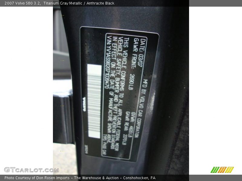 Titanium Gray Metallic / Anthracite Black 2007 Volvo S80 3.2