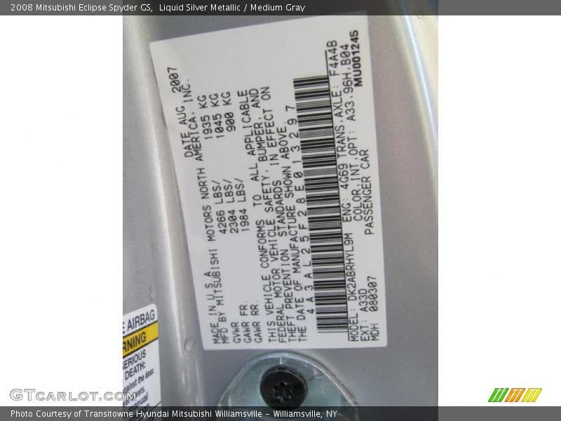 Liquid Silver Metallic / Medium Gray 2008 Mitsubishi Eclipse Spyder GS