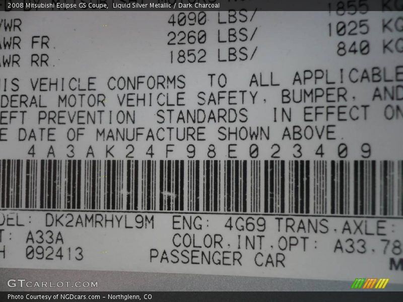 Liquid Silver Metallic / Dark Charcoal 2008 Mitsubishi Eclipse GS Coupe