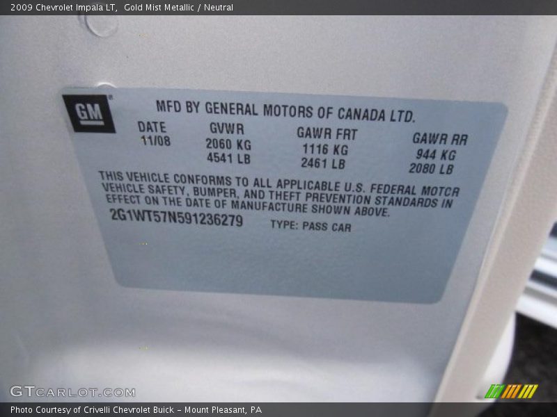 Gold Mist Metallic / Neutral 2009 Chevrolet Impala LT