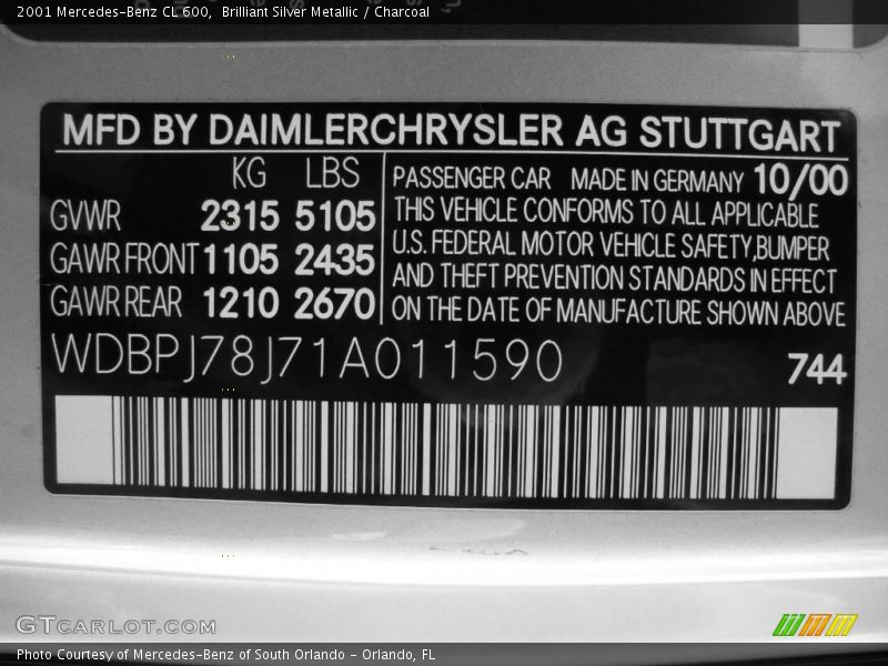 Brilliant Silver Metallic / Charcoal 2001 Mercedes-Benz CL 600