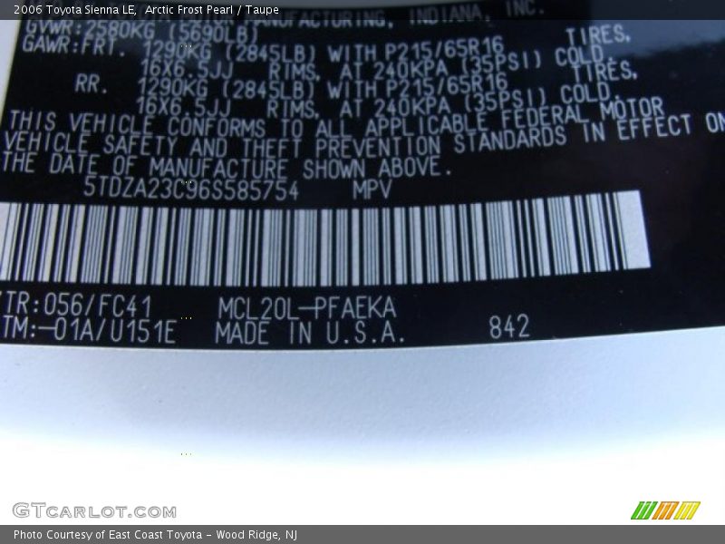Arctic Frost Pearl / Taupe 2006 Toyota Sienna LE