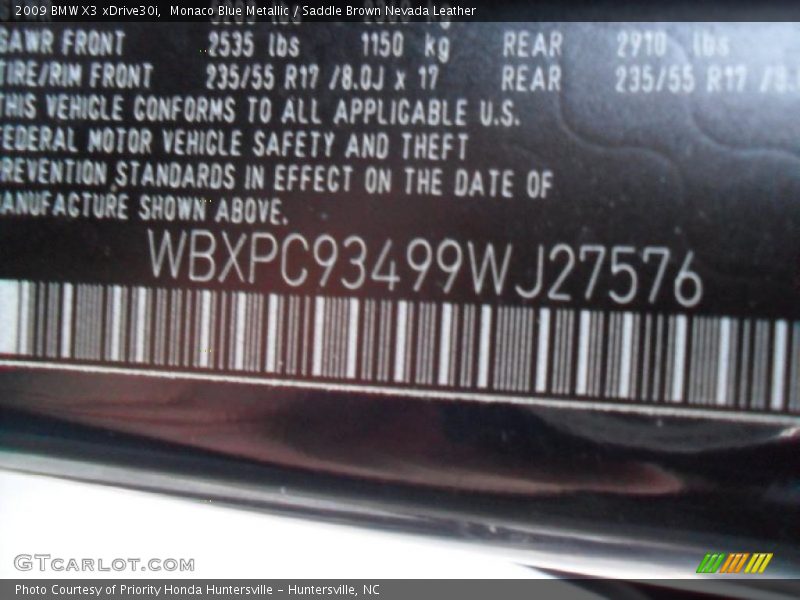 Monaco Blue Metallic / Saddle Brown Nevada Leather 2009 BMW X3 xDrive30i