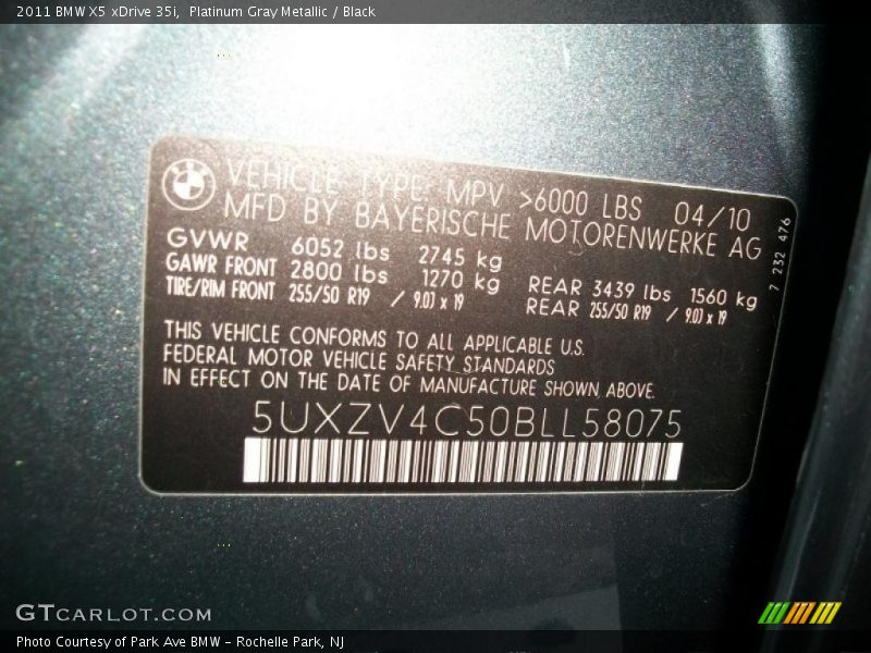 Platinum Gray Metallic / Black 2011 BMW X5 xDrive 35i