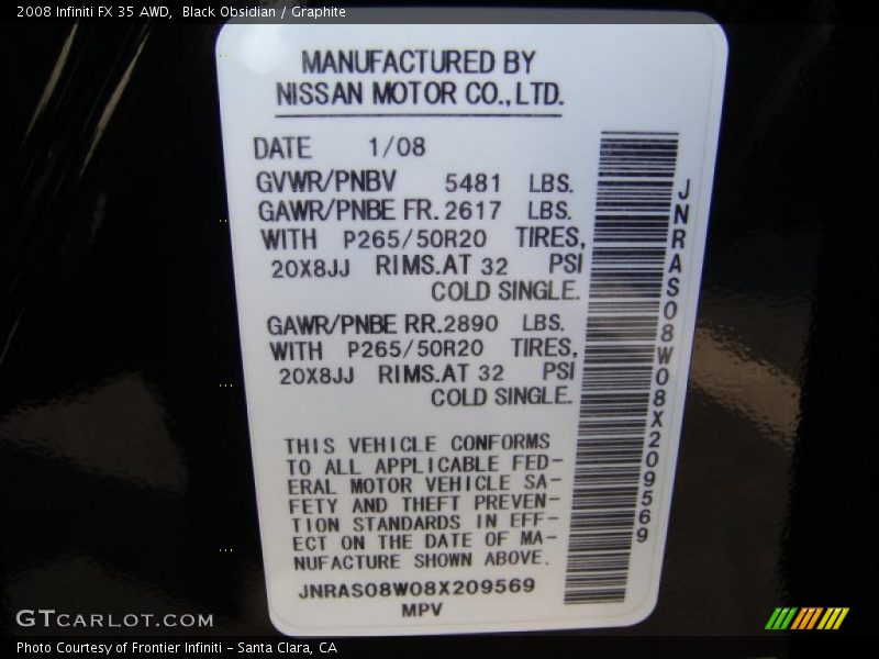 Black Obsidian / Graphite 2008 Infiniti FX 35 AWD
