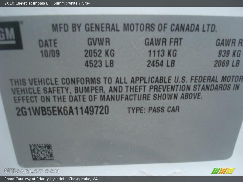 Summit White / Gray 2010 Chevrolet Impala LT