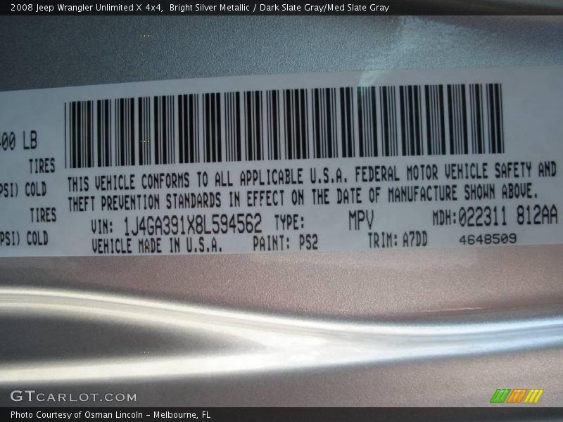 Bright Silver Metallic / Dark Slate Gray/Med Slate Gray 2008 Jeep Wrangler Unlimited X 4x4