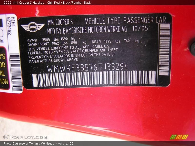 Chili Red / Black/Panther Black 2006 Mini Cooper S Hardtop