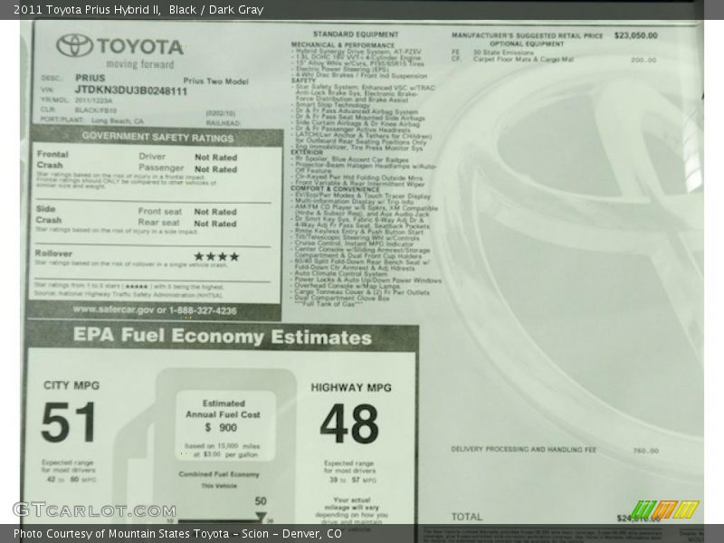  2011 Prius Hybrid II Window Sticker