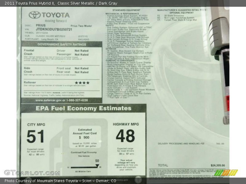  2011 Prius Hybrid II Window Sticker
