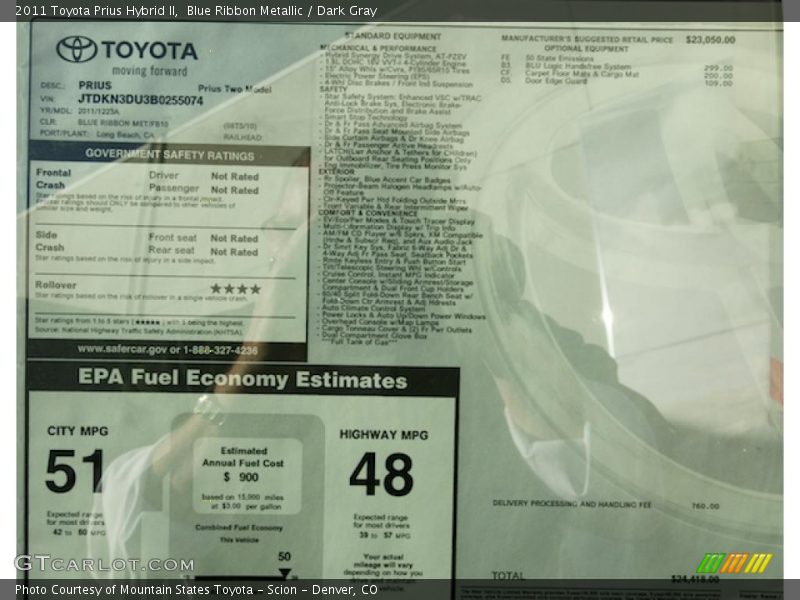  2011 Prius Hybrid II Window Sticker