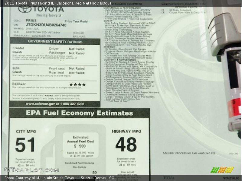  2011 Prius Hybrid II Window Sticker