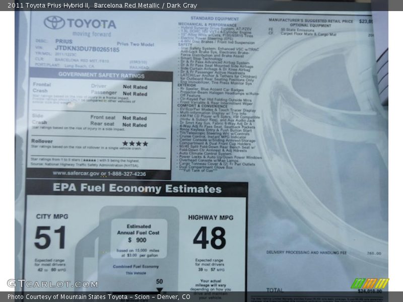  2011 Prius Hybrid II Window Sticker