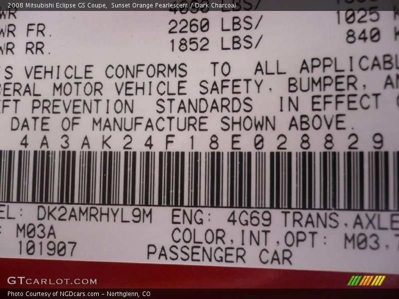 Sunset Orange Pearlescent / Dark Charcoal 2008 Mitsubishi Eclipse GS Coupe