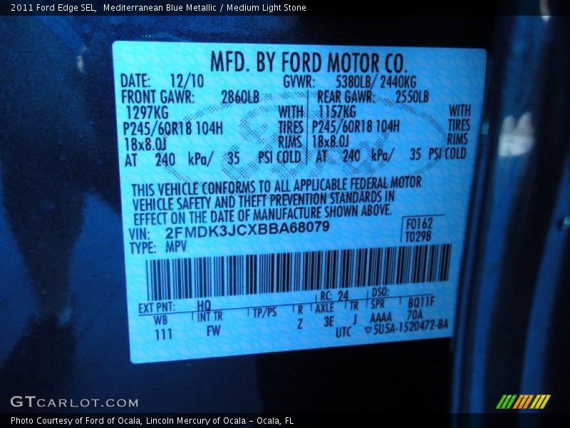 Mediterranean Blue Metallic / Medium Light Stone 2011 Ford Edge SEL