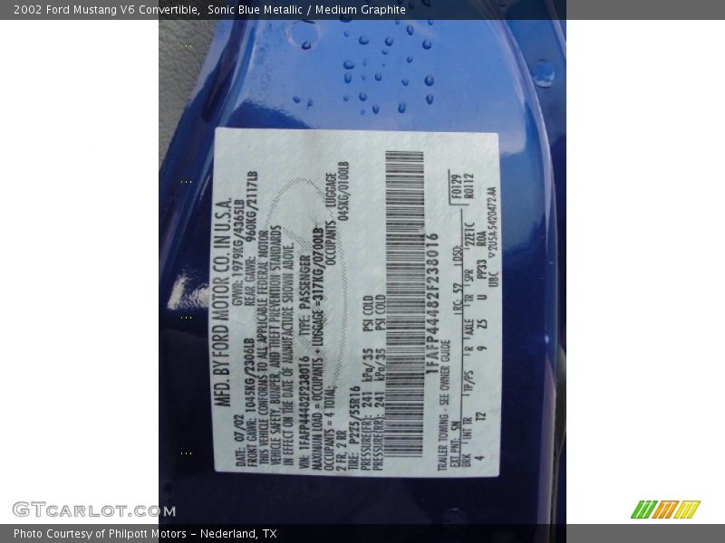 2002 Mustang V6 Convertible Sonic Blue Metallic Color Code SN
