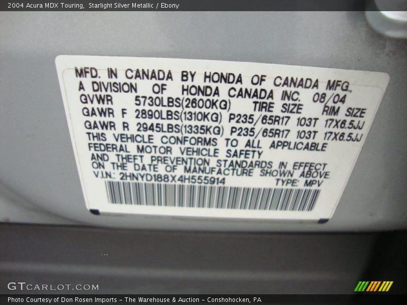 Starlight Silver Metallic / Ebony 2004 Acura MDX Touring