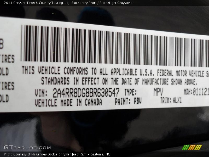 Blackberry Pearl / Black/Light Graystone 2011 Chrysler Town & Country Touring - L