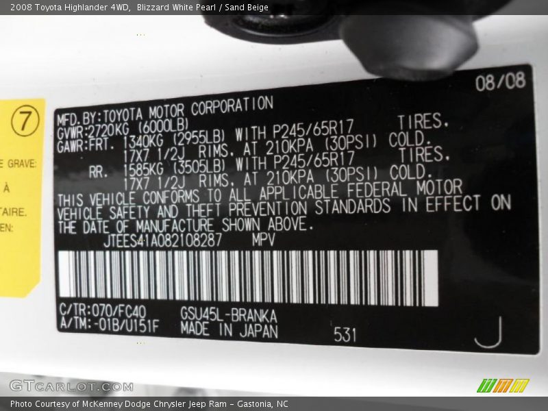 Blizzard White Pearl / Sand Beige 2008 Toyota Highlander 4WD
