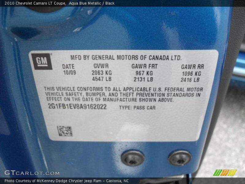 Info Tag of 2010 Camaro LT Coupe