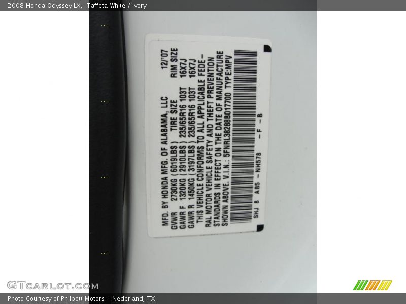 Taffeta White / Ivory 2008 Honda Odyssey LX