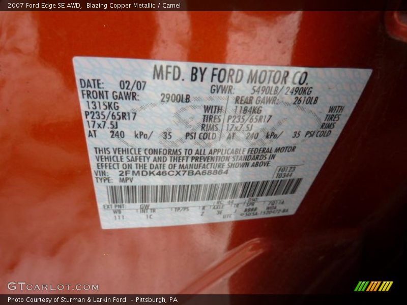 Blazing Copper Metallic / Camel 2007 Ford Edge SE AWD