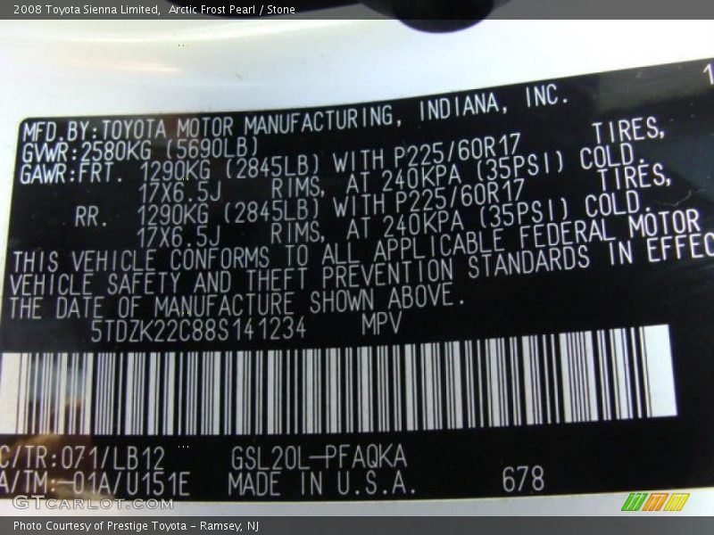 Arctic Frost Pearl / Stone 2008 Toyota Sienna Limited